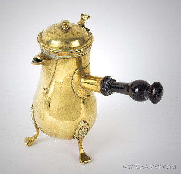 Brass Coffee Pot, Silver Form, Rare Small Baluster Form, Turned Wood Handle
French, Circa 1775, entire view